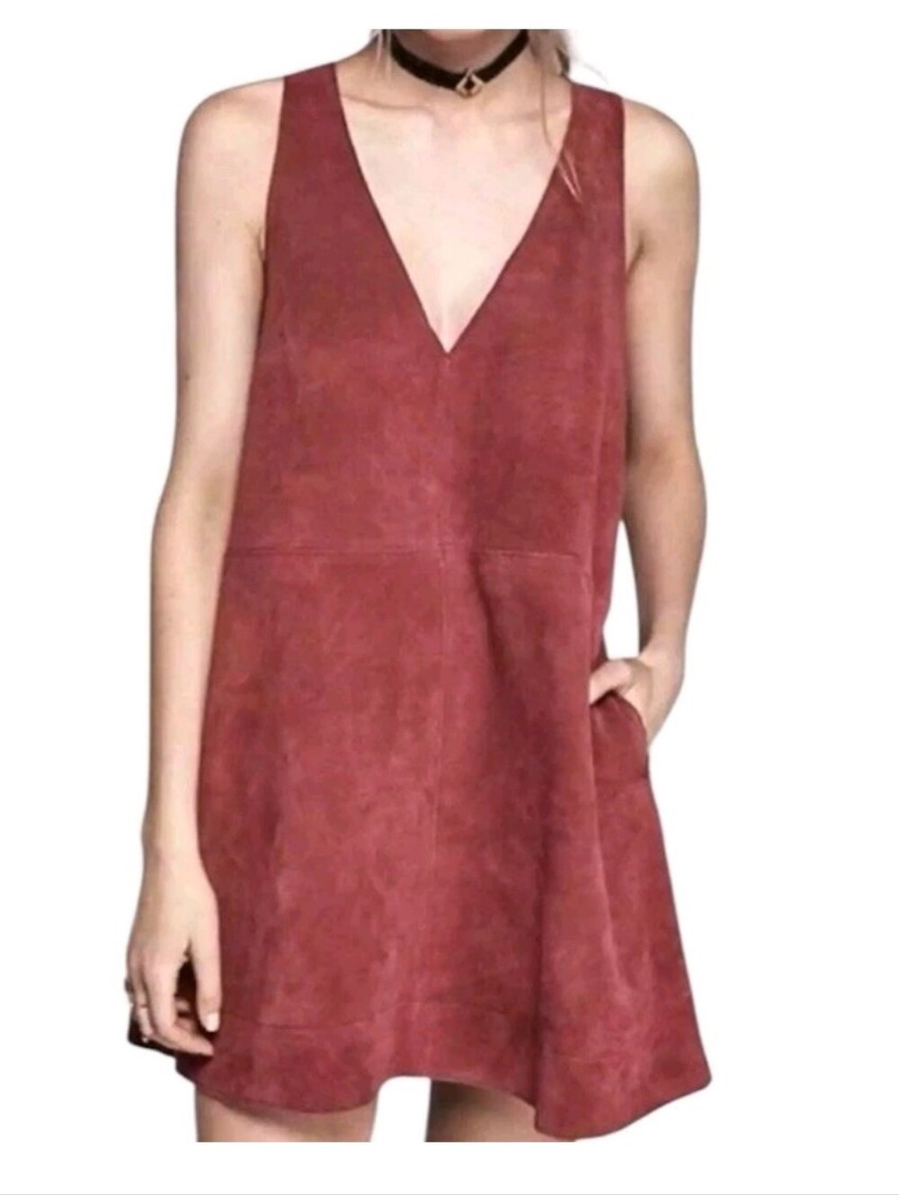 Free People Retro Love Suede Leather Maroon Preppy Hipster Mini Dress XS